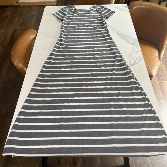 Exist Maxi Dress Gray Ivory Striped Short Sleeve Casual Womens Size Medium NWOT - Picture 9 of 10